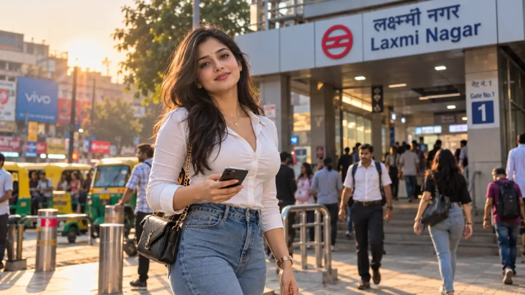 Beautiful young woman waiting outside Laxmi Nagar Metro Station for same-day quick service call girl booking.